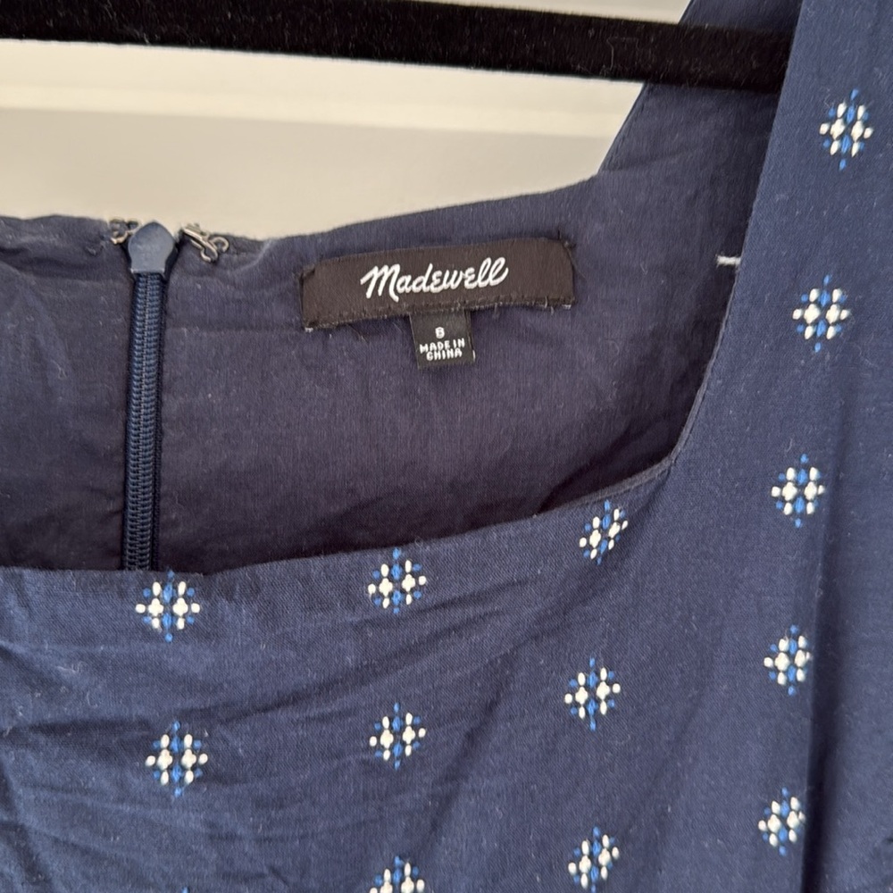 Madewell Dark Blue Dress with White Stitched Pattern | Summer Preppy Coastal - Picture 2 of 5